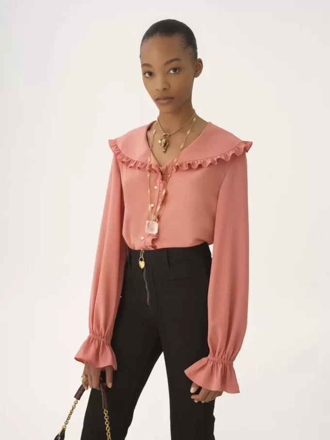 Blouse fluide à volants en crêpe de Chine