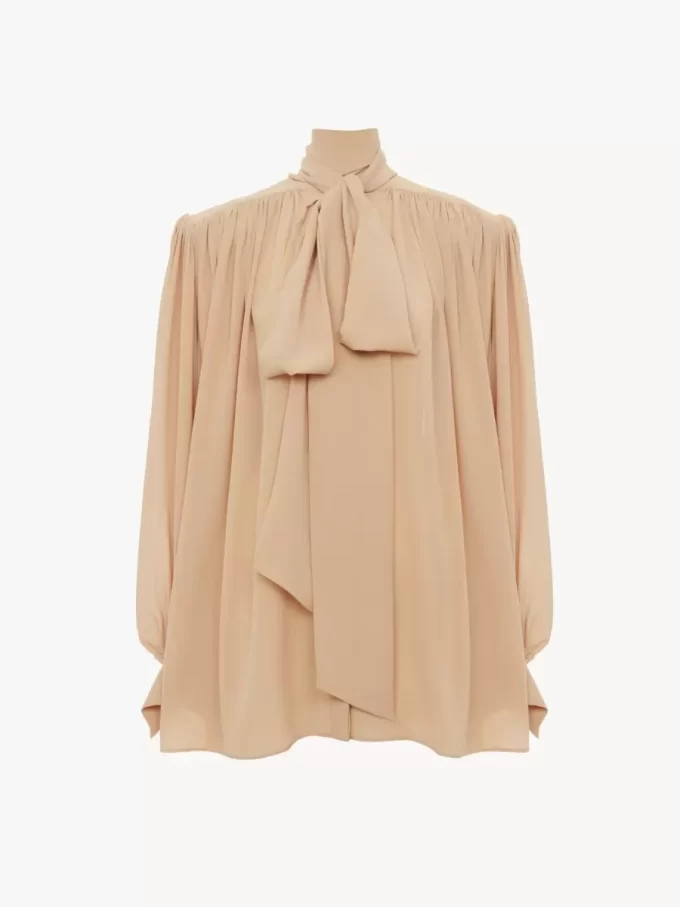 Blouse lavallière froncée oversize en crêpe de Chine