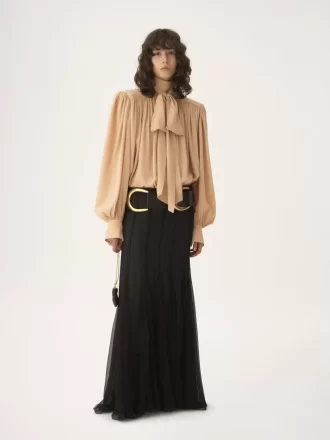 Blouse lavallière froncée oversize en crêpe de Chine