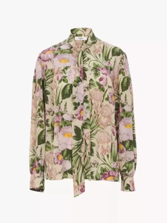 Blouse lavallière longue froncée en crêpe de Chine