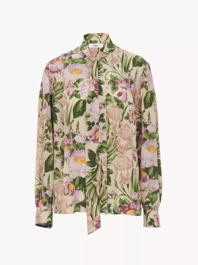 Blouse lavallière longue froncée en crêpe de Chine