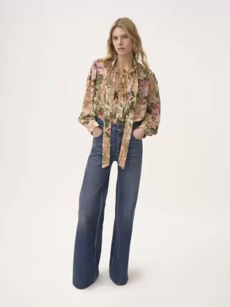 Blouse lavallière longue froncée en crêpe de Chine