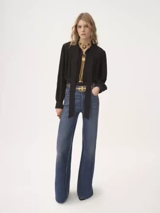 Blouse lavallière longue froncée en crêpe de Chine
