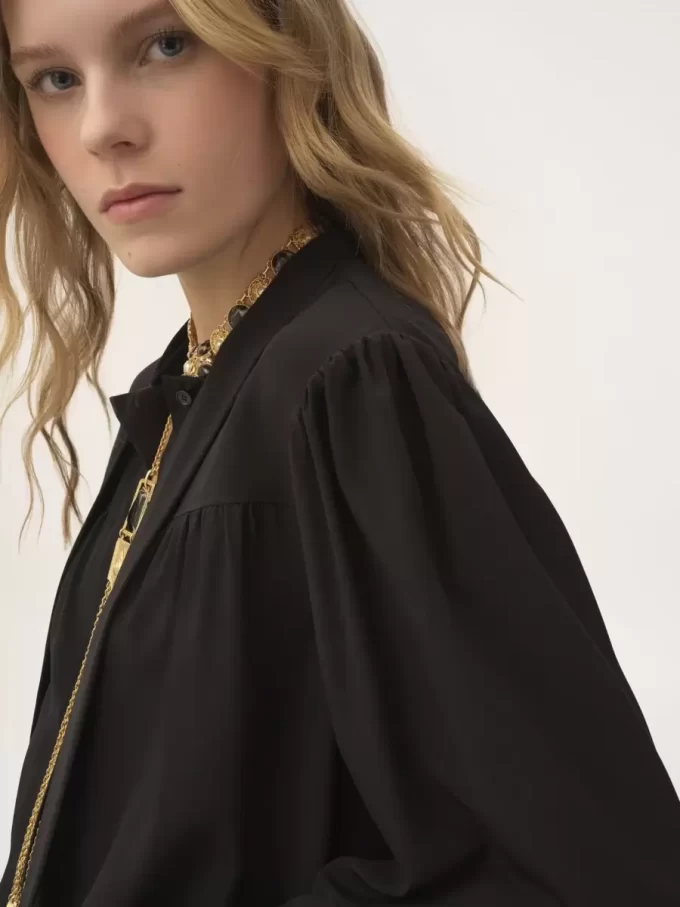 Blouse lavallière longue froncée en crêpe de Chine