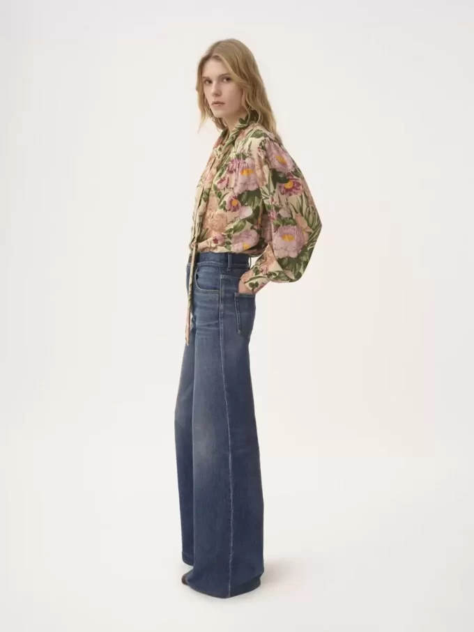 Blouse lavallière longue froncée en crêpe de Chine