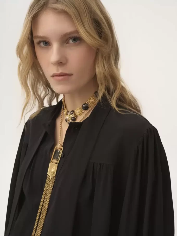 Blouse lavallière longue froncée en crêpe de Chine