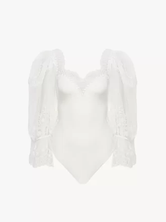 Body à manches bouffantes en jersey extensible brillant et dentelle