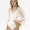 Body à manches bouffantes en jersey extensible brillant et dentelle