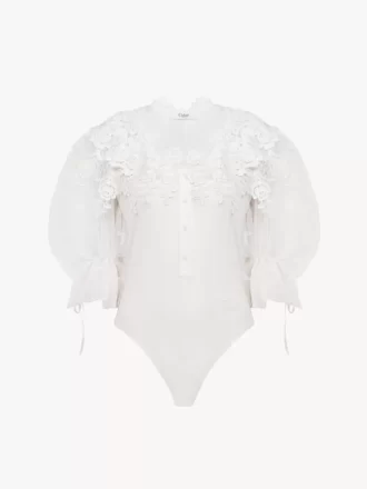 Body à manches bouffantes en mélange de coton et dentelle guipure