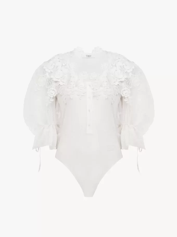 Body à manches bouffantes en mélange de coton et dentelle guipure Body à manches bouffantes en mélange de coton et dentelle guipure