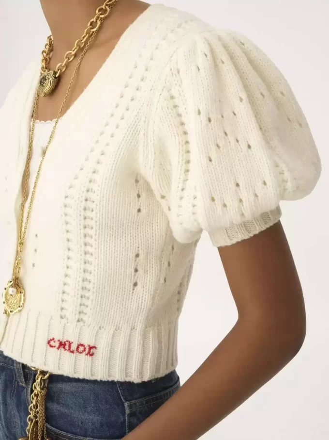 Cardigan à manches bouffantes en maille de laine et cachemire Cardigan à manches bouffantes en maille de laine et cachemire