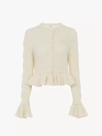 Cardigan à volants avec logo en maille de soie, d&rsquo;alpaga et de coton