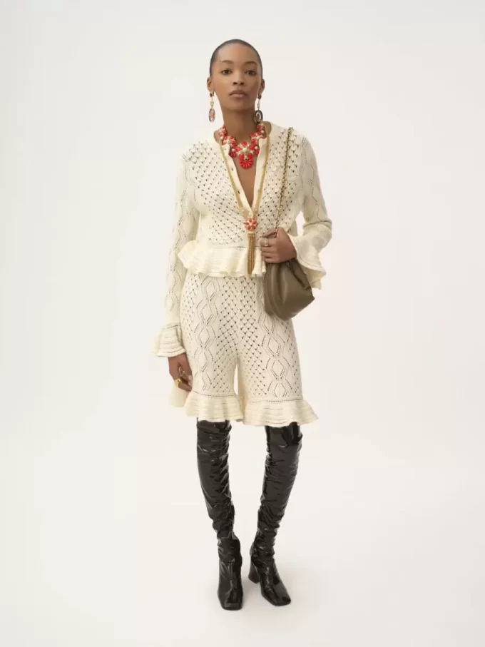 Cardigan à volants avec logo en maille de soie, d’alpaga et de coton Cardigan à volants avec logo en maille de soie, d’alpaga et de coton