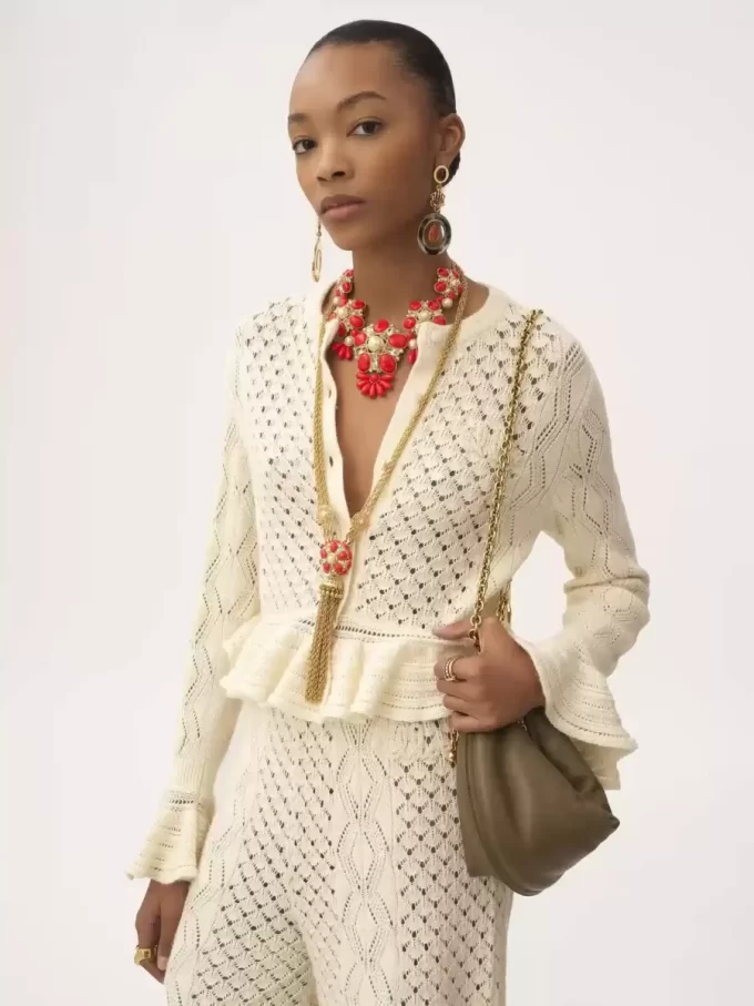 Cardigan à volants avec logo en maille de soie, d’alpaga et de coton Cardigan à volants avec logo en maille de soie, d’alpaga et de coton