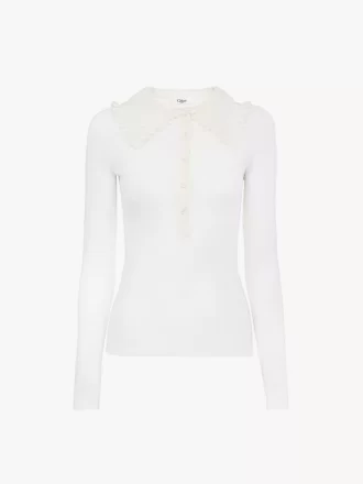 Chemise Henley à col en tricot de laine ultrafine et dentelle