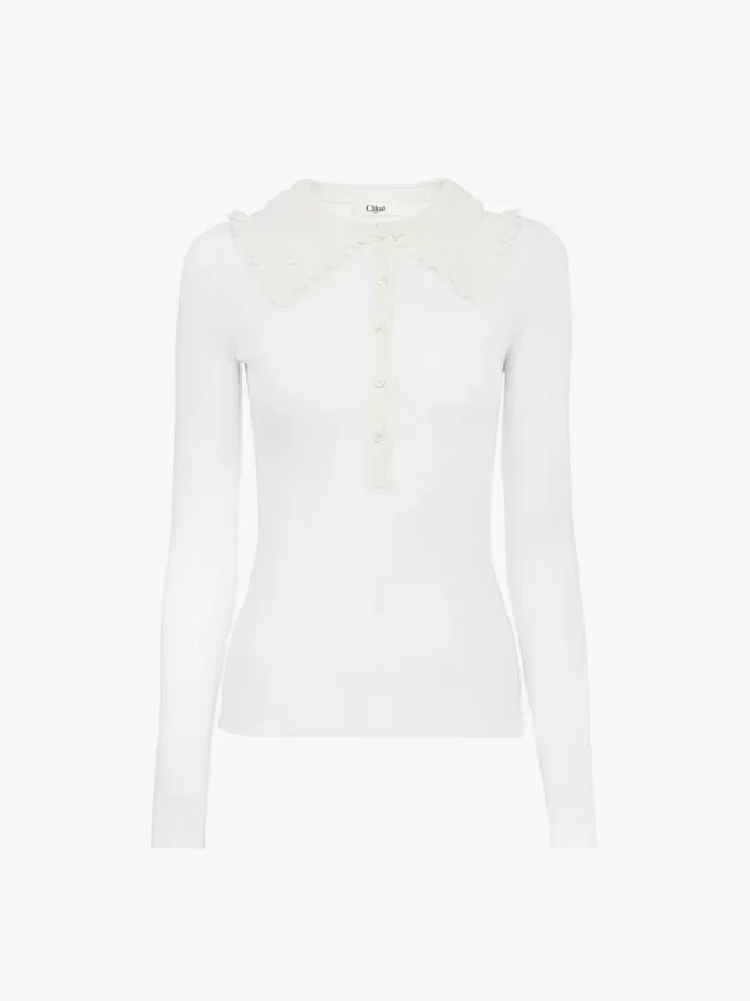 Chemise Henley à col en tricot de laine ultrafine et dentelle Chemise Henley à col en tricot de laine ultrafine et dentelle