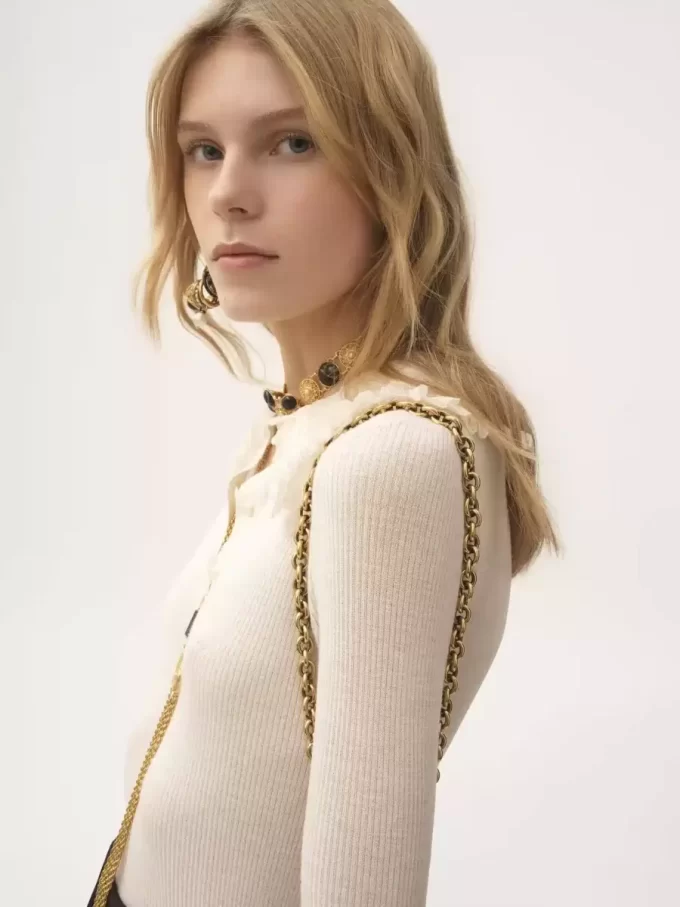 Chemise Henley à col en tricot de laine ultrafine et dentelle Chemise Henley à col en tricot de laine ultrafine et dentelle