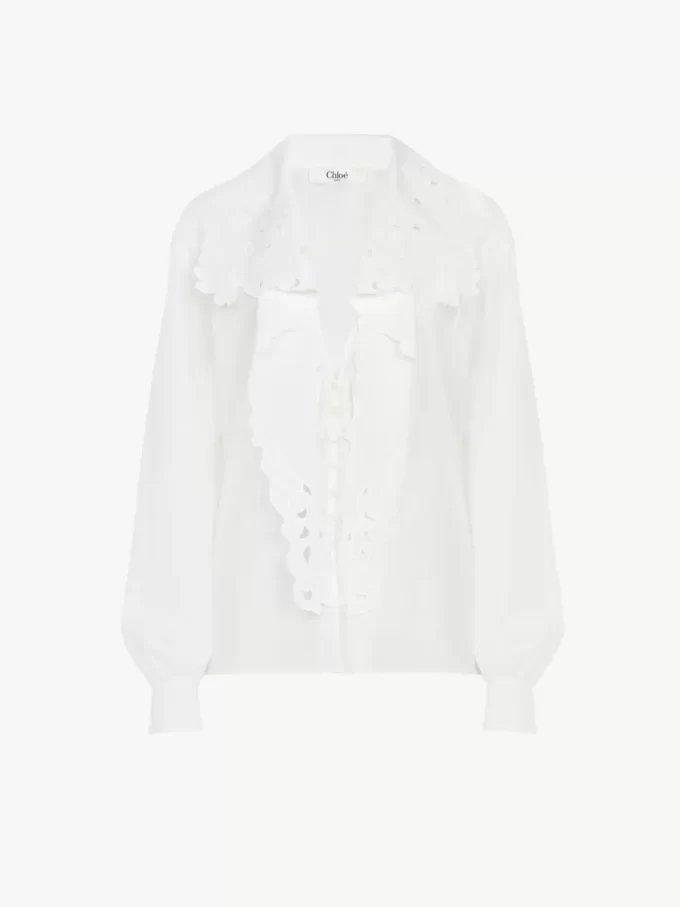 Chemise lavallière brodée en popeline de coton Chemise lavallière brodée en popeline de coton