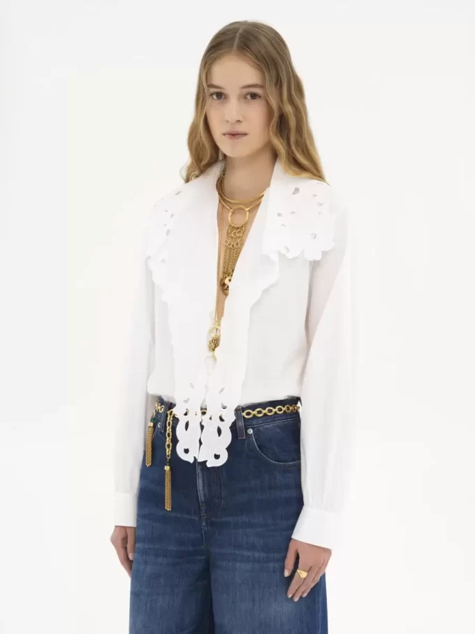 Chemise lavallière brodée en popeline de coton Chemise lavallière brodée en popeline de coton