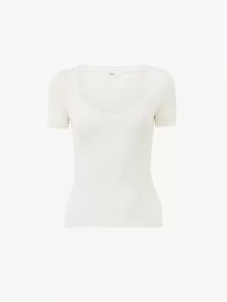 Haut ajusté à col rond en tricot de laine et dentelle
