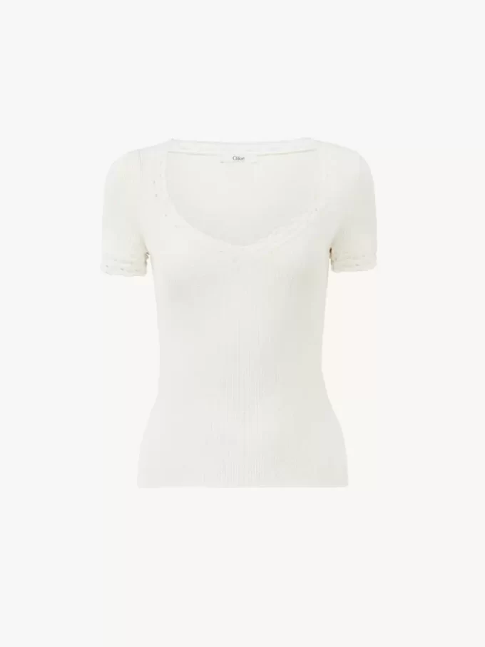 Haut ajusté à col rond en tricot de laine et dentelle Haut ajusté à col rond en tricot de laine et dentelle