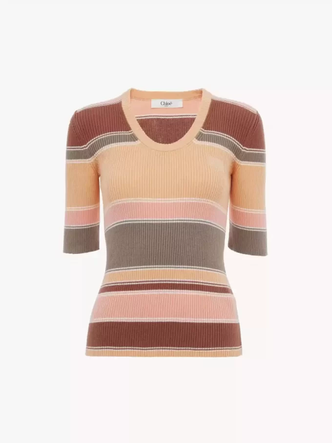 Haut ajusté à manches coudées avec logo en tricot de coton Haut ajusté à manches coudées avec logo en tricot de coton