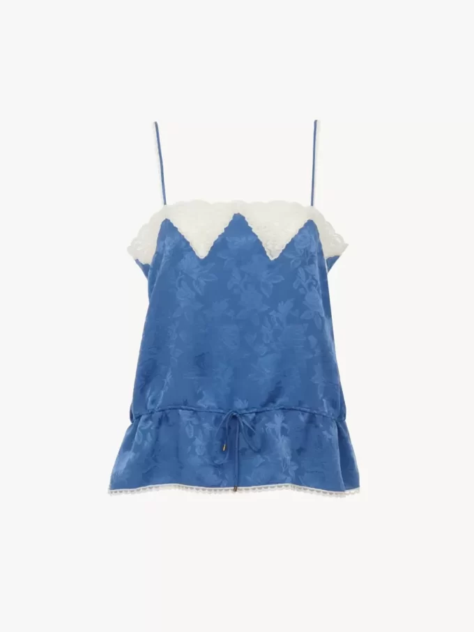 Haut caraco à cordon de serrage en jacquard de soie et dentelle Haut caraco à cordon de serrage en jacquard de soie et dentelle
