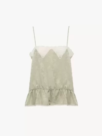 Haut caraco à cordon de serrage en jacquard de soie et dentelle Haut caraco à cordon de serrage en jacquard de soie et dentelle