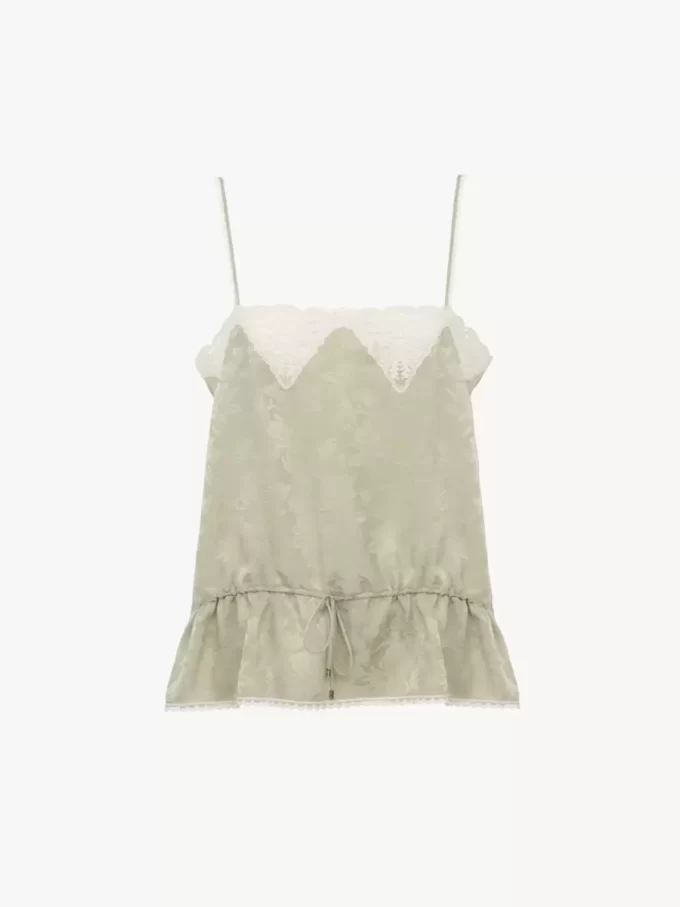 Haut caraco à cordon de serrage en jacquard de soie et dentelle Haut caraco à cordon de serrage en jacquard de soie et dentelle