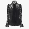 Haut lavallière à manches bouffantes en jacquard de dentelle florale Haut lavallière à manches bouffantes en jacquard de dentelle florale
