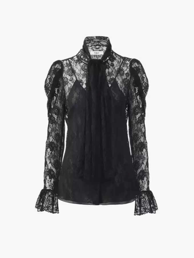 Haut lavallière à manches bouffantes en jacquard de dentelle florale Haut lavallière à manches bouffantes en jacquard de dentelle florale