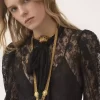 Haut lavallière à manches bouffantes en jacquard de dentelle florale Haut lavallière à manches bouffantes en jacquard de dentelle florale