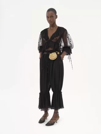 Pantalon court fluide en charmeuse de soie et dentelle