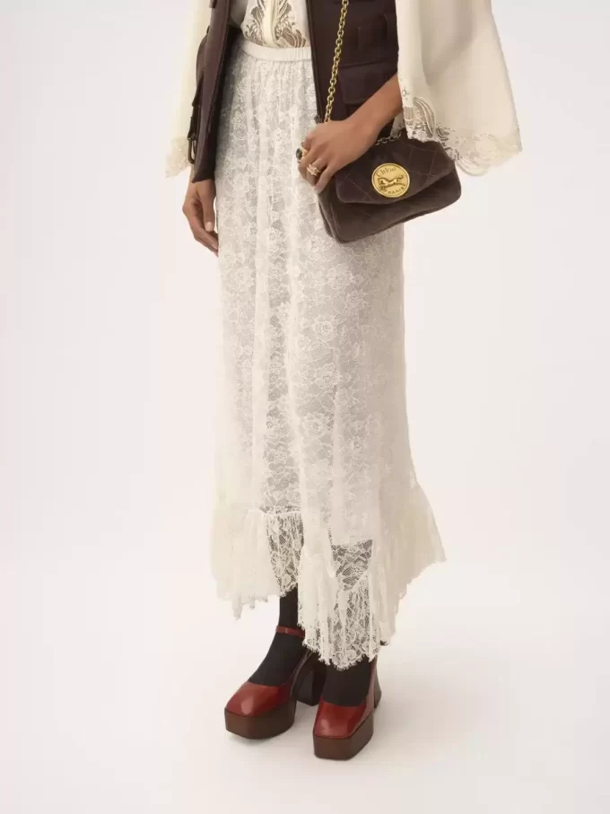 Jupe midi à volants en jacquard de dentelle florale