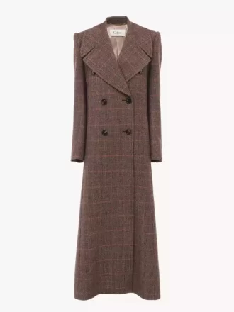 Manteau long croisé en laine à carreaux