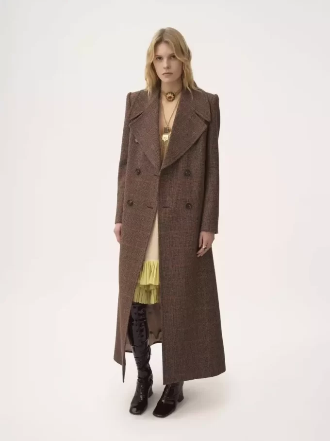 Manteau long croisé en laine à carreaux Manteau long croisé en laine à carreaux