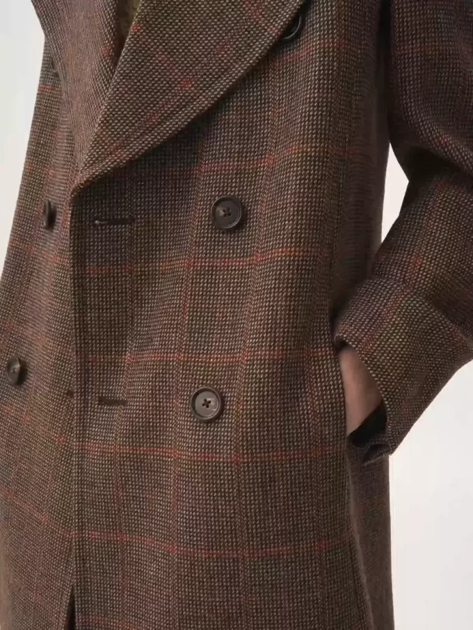 Manteau long croisé en laine à carreaux Manteau long croisé en laine à carreaux