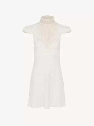 Mini-robe à col montant en soie jacquard et dentelle