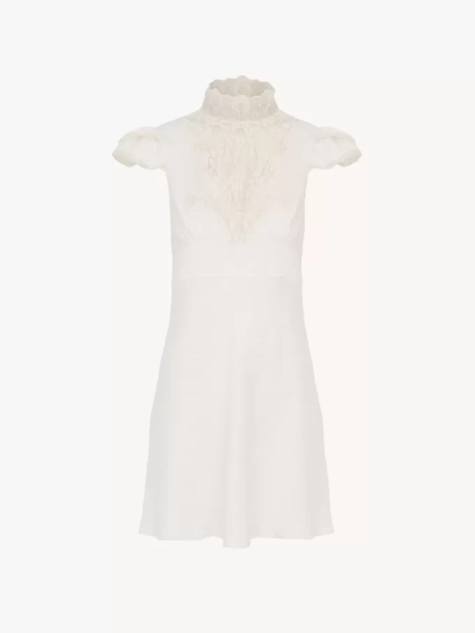 Mini-robe à col montant en soie jacquard et dentelle