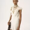 Mini-robe à col montant en soie jacquard et dentelle