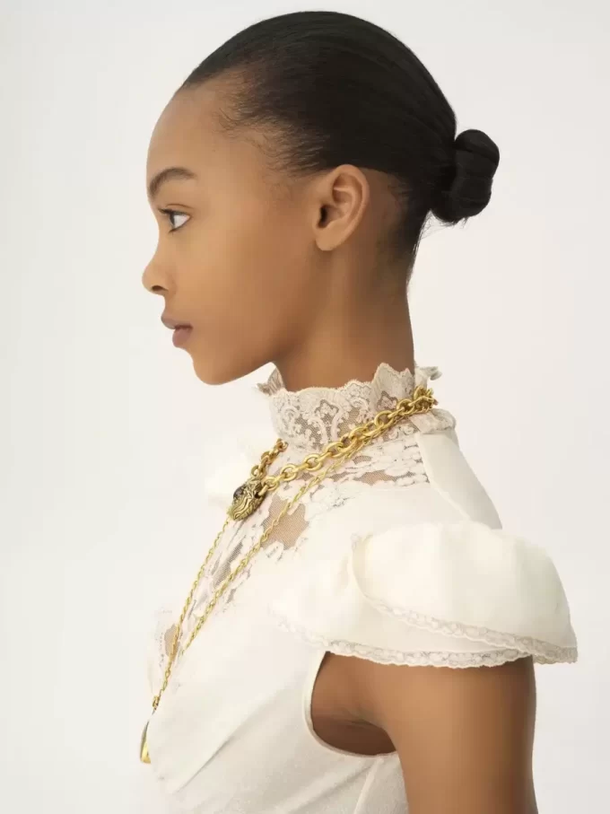 Mini-robe à col montant en soie jacquard et dentelle