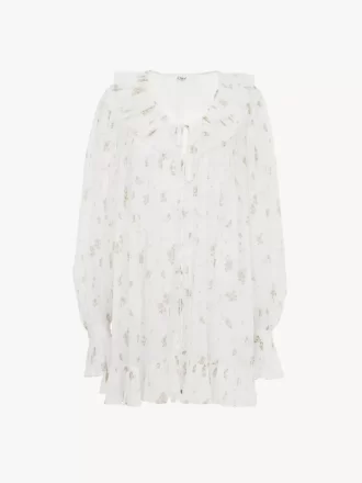 Mini-robe froncée à manches longues en voile de coton