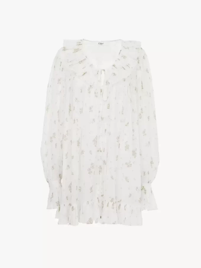 Mini-robe froncée à manches longues en voile de coton