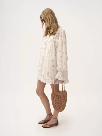 Mini-robe froncée à manches longues en voile de coton