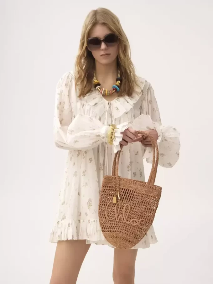 Mini-robe froncée à manches longues en voile de coton