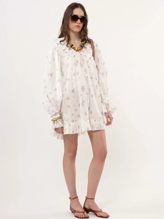 Mini-robe froncée à manches longues en voile de coton