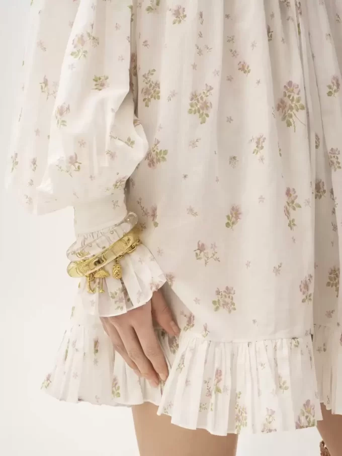 Mini-robe froncée à manches longues en voile de coton
