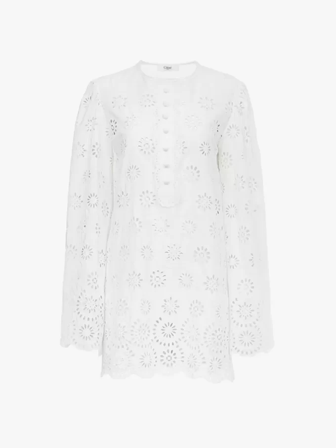 Mini-robe à manches longues en voile de coton Mini-robe à manches longues en voile de coton