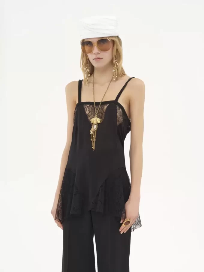 Mini robe sans manches en charmeuse de soie et dentelle