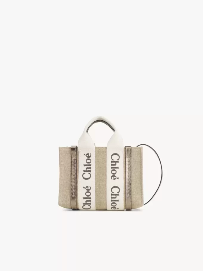 Mini sac cabas Woody en lin et cuir